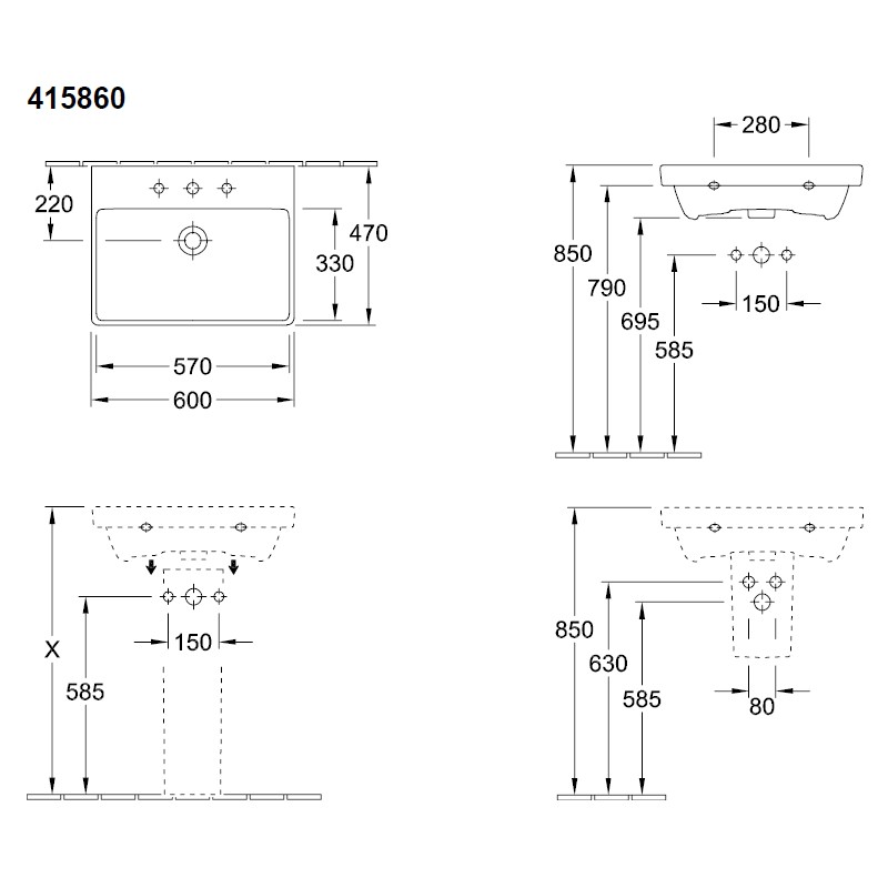 Villeroy & Boch WT Avento 4158 600x470mm 3-Loch Arm mittl HL durchgest Überl Eckig WeißAlpin