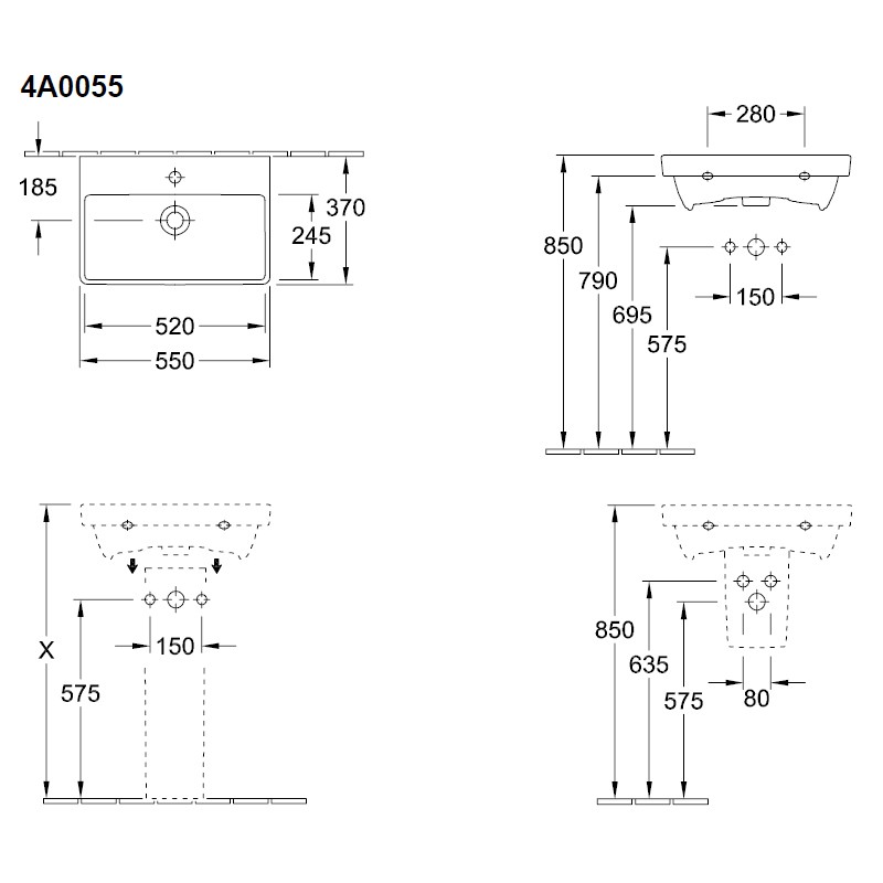 Villeroy & Boch WT Comp Avento 4A00 550x370mm 1-L Arm HL durchgest Überl Eckig Weiß Alpin C+