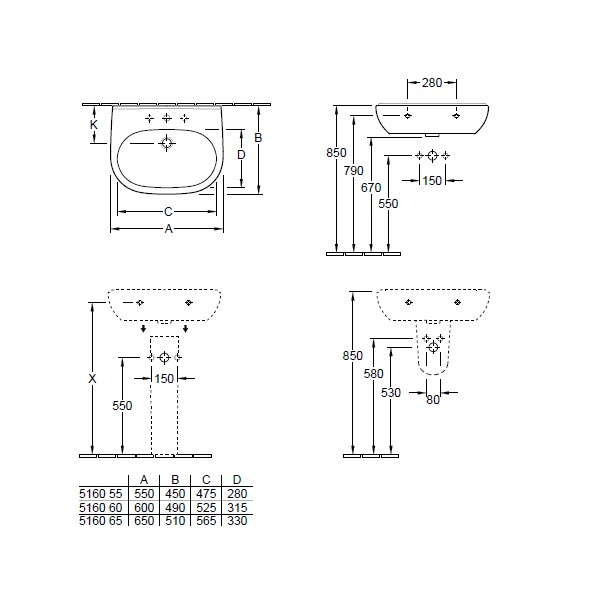 VB WT O.novo 5160 550x450mm 3-LArm mittl HL durchg o Überl Oval WeißAlpin C+