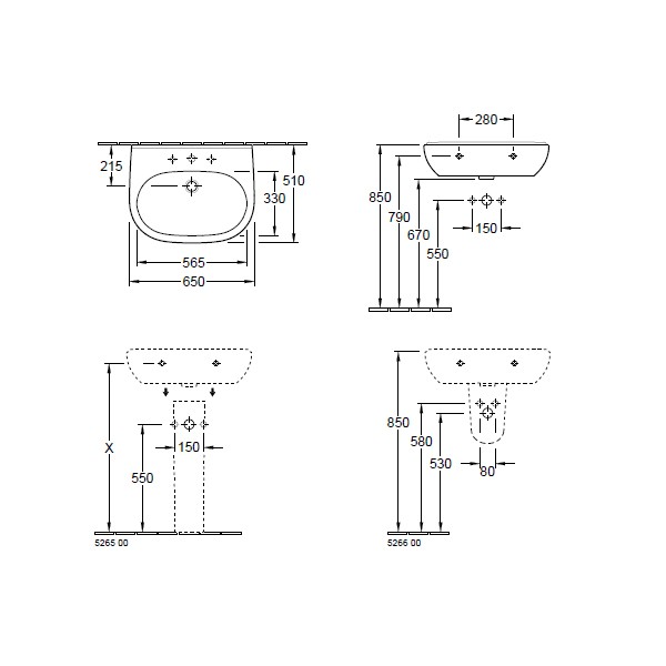 VB WT O.novo 5160 650x510mm 3-L Arm mittl HL durchg o Überl Oval WeißAlpin