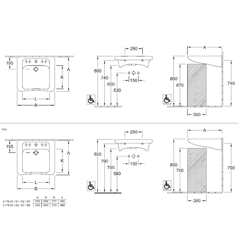 Villeroy & Boch WT Vita Architectura 5178 650x550mm mittl HL durchg Überl Eckig WeißAlpin C+