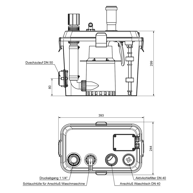 Schmutzwasser-Hebeanlage SWH 100 Überflur,  8,0 m³/h, Betriebstemperatur 40°C