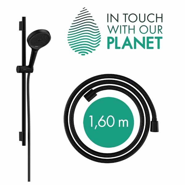 Hansgrohe Rainfinity Brauseset 130 3jet EcoSmart mit Brausestange S Puro 65 cm, Push-Handbrausehalterung und Designflex Textilbrauseschlauch 160 cm Mattschwarz