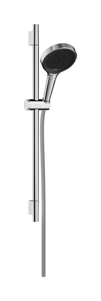 Hansgrohe Rainfinity Brauseset 130 3jet mit Brausestange S Puro 65 cm, Push-Handbrausehalterung und Designflex Textilbrauseschlauch 160 cm Chrom