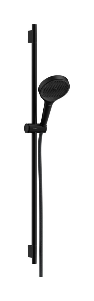 Hansgrohe Rainfinity Brauseset 130 3jet mit Brausestange S Puro 90 cm, Push-Handbrausehalterung und Designflex Textilbrauseschlauch 160 cm Mattschwarz