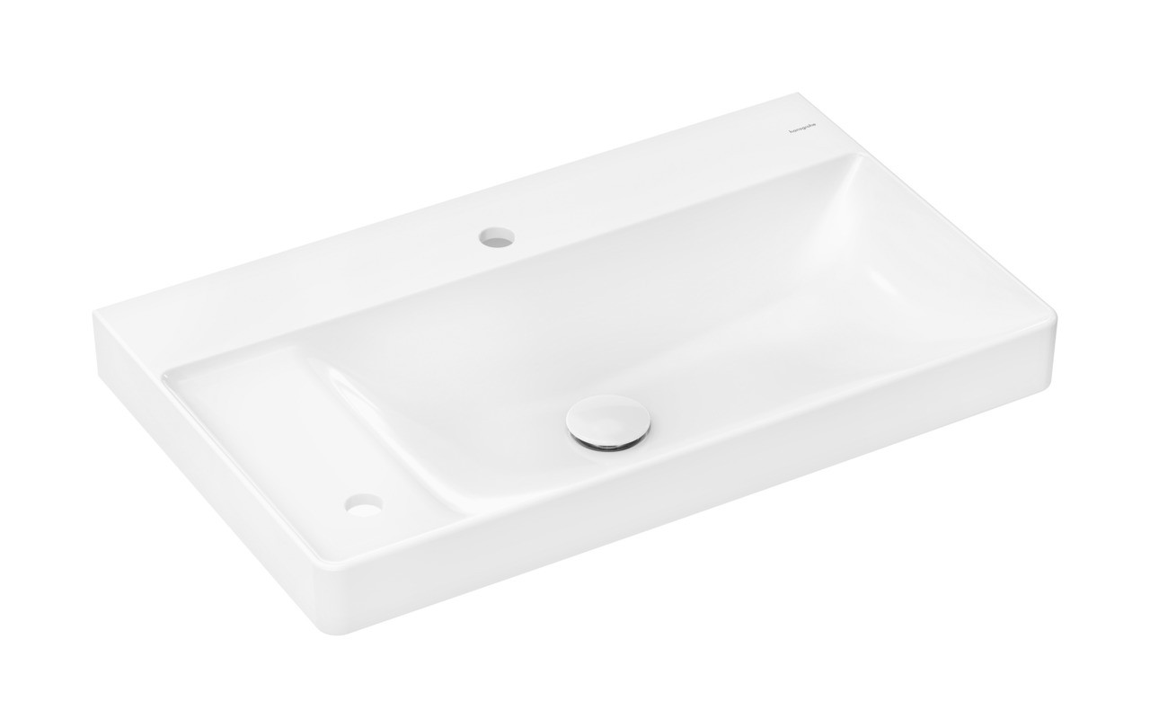 Hansgrohe Xelu Q Aufsatzwaschtisch geschliffen mit Ablage links 800/480 mit 2 Hahnlöchern ohne Überlauf, SmartClean Weiß