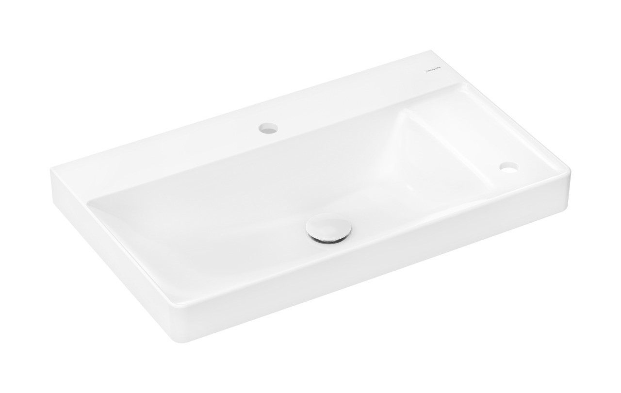 Hansgrohe Xelu Q Aufsatzwaschtisch geschliffen mit Ablage rechts 800/480 mit 2 Hahnlöchern ohne Überlauf, SmartClean Weiß