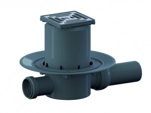 Bodenablauf waagerecht DN 50, Sperrwasserhöhe 50 m Rahmenmaß 100x100x8,5mm incl. Rost aus Edelstahl