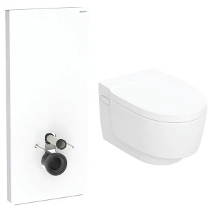 GEBERIT SET AquaClean Mera Comfort Dusch-WC Komplettanlage + Monolith Sanitärmodul für Wand-WC 114 cm Glas weiß